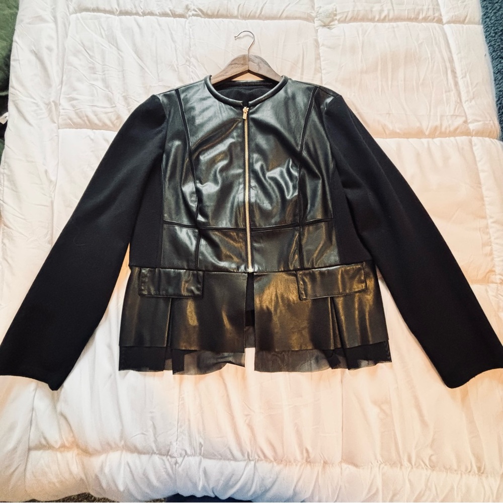 Chico's Black Mixed-Media Faux-Leather Peplum Jacket